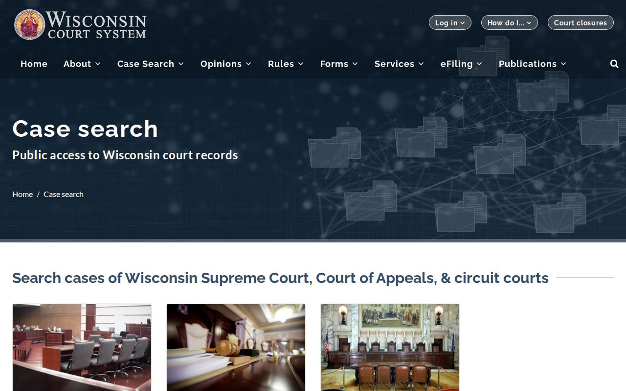 Wisconsin Court System case search choices used for a Waukesha resident lookup