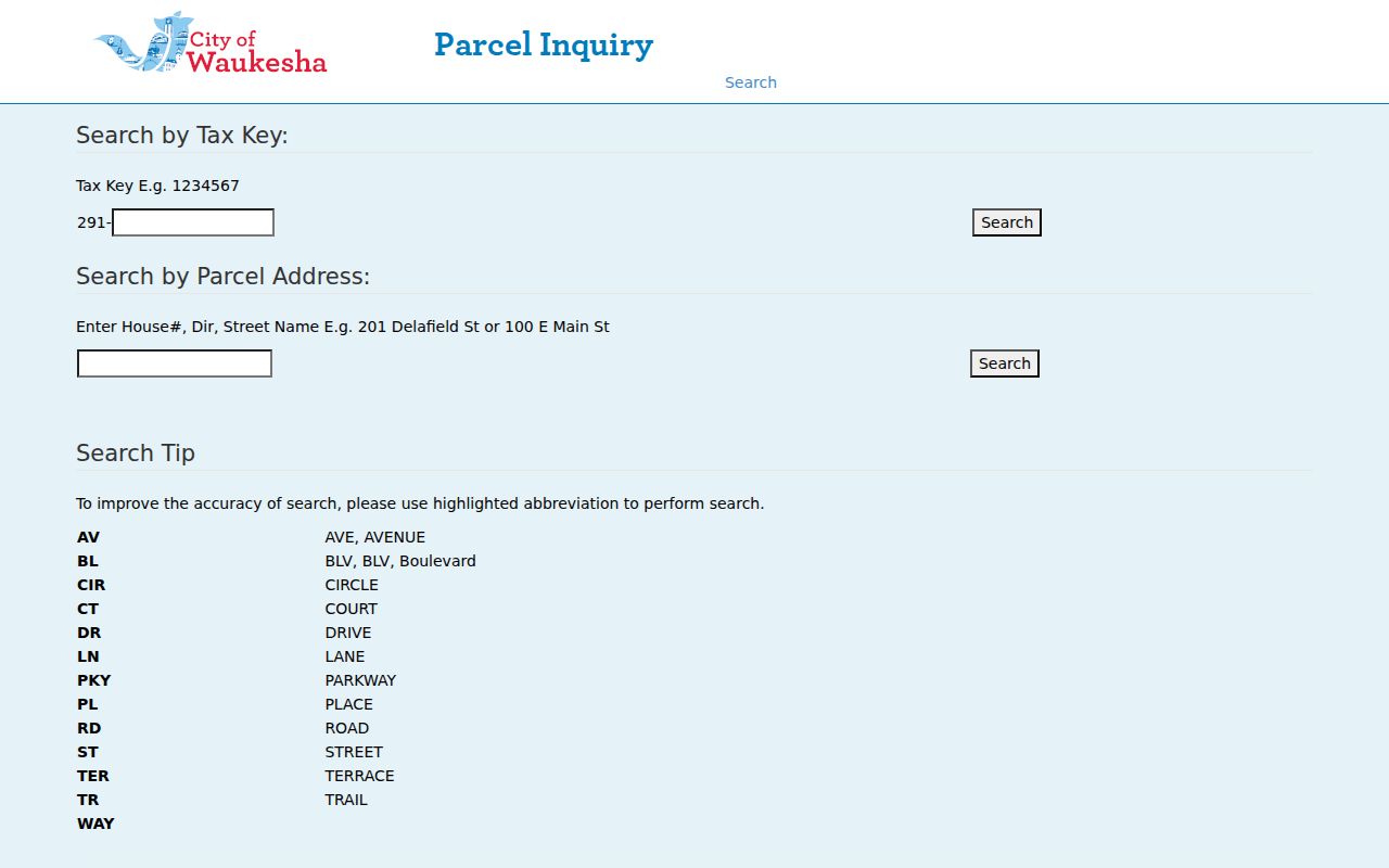 City of Waukesha Parcel Inquiry address and tax-key search